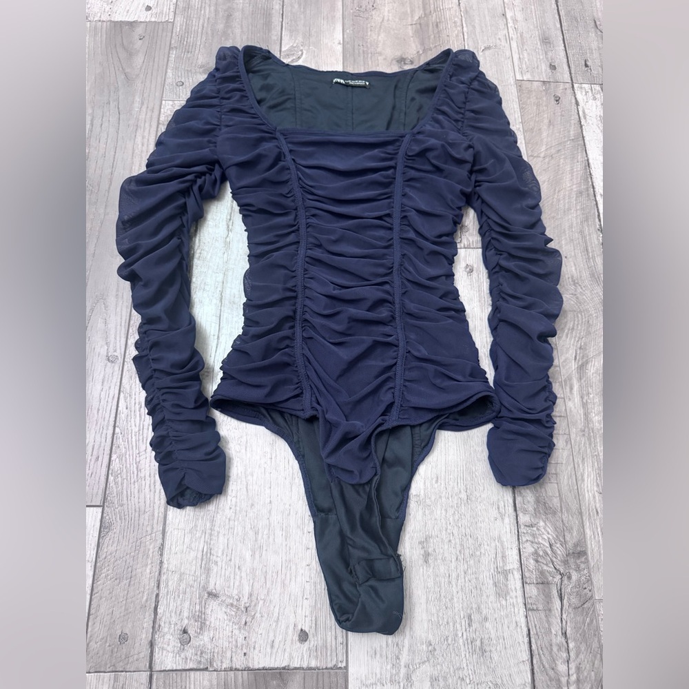 Zara Navy Blue Ruched Textured Long Sleeve XS Bodysuit